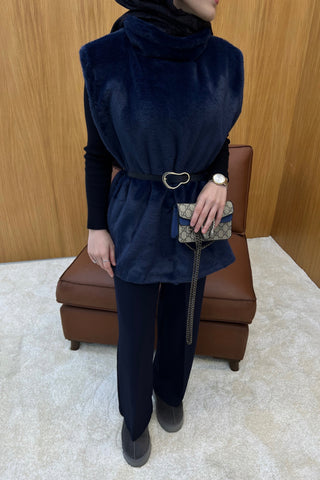 Lacivert Kemer Detaylı Peluş Kürk Panço