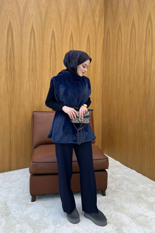 Lacivert Kemer Detaylı Peluş Kürk Panço