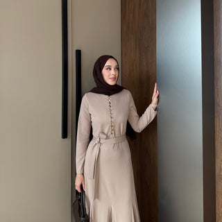 Camel Birit Düğmeli Fitilli Gold Elbise