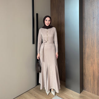 Camel Birit Düğmeli Fitilli Gold Elbise