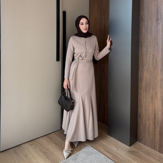 Camel Birit Düğmeli Fitilli Gold Elbise