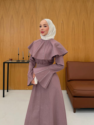 Pelerin Detaylı Taşlı Gabardin Elbise Gül