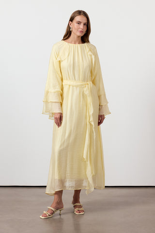 Fırfır Ve Volan Detaylı Şifon Elbise - Sarı