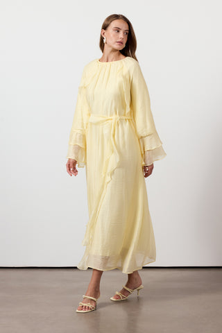 Fırfır Ve Volan Detaylı Şifon Elbise - Sarı