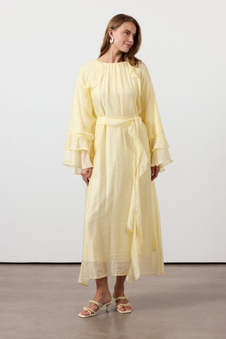 Fırfır Ve Volan Detaylı Şifon Elbise - Sarı