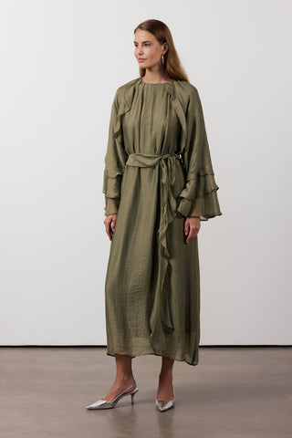 Fırfır Ve Volan Detaylı Şifon Elbise - Haki