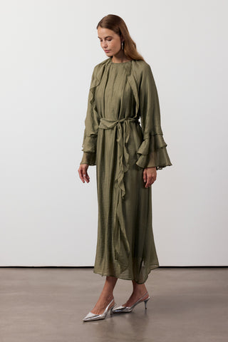 Fırfır Ve Volan Detaylı Şifon Elbise - Haki