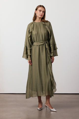 Fırfır Ve Volan Detaylı Şifon Elbise - Haki