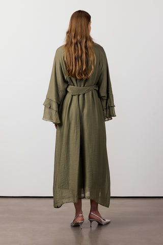 Fırfır Ve Volan Detaylı Şifon Elbise - Haki