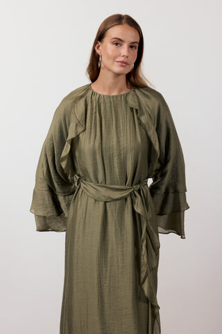 Fırfır Ve Volan Detaylı Şifon Elbise - Haki