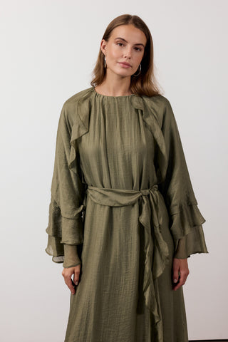 Fırfır Ve Volan Detaylı Şifon Elbise - Haki