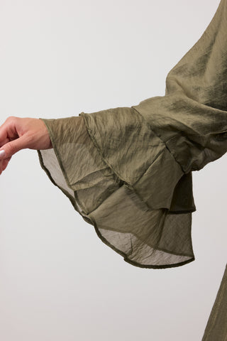 Fırfır Ve Volan Detaylı Şifon Elbise - Haki