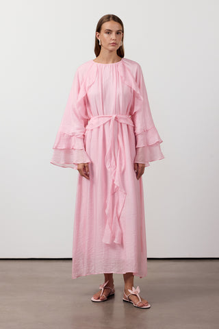 Fırfır Ve Volan Detaylı Şifon Elbise - Pembe