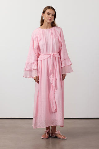 Fırfır Ve Volan Detaylı Şifon Elbise - Pembe