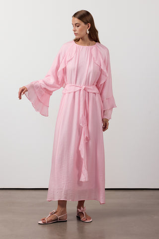 Fırfır Ve Volan Detaylı Şifon Elbise - Pembe