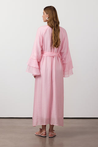 Fırfır Ve Volan Detaylı Şifon Elbise - Pembe