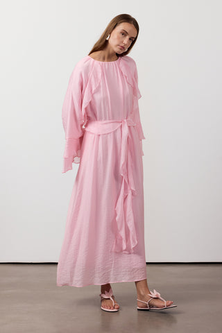 Fırfır Ve Volan Detaylı Şifon Elbise - Pembe