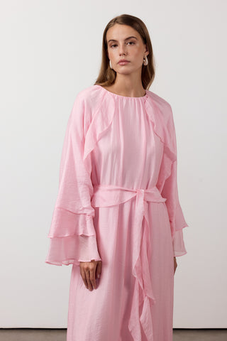 Fırfır Ve Volan Detaylı Şifon Elbise - Pembe