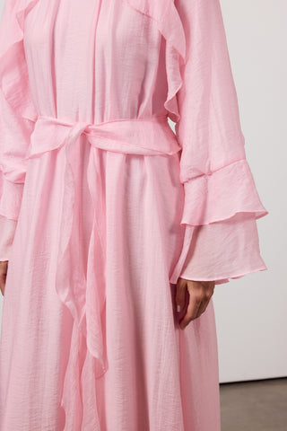 Fırfır Ve Volan Detaylı Şifon Elbise - Pembe