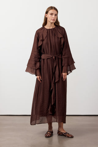 Fırfır Ve Volan Detaylı Şifon Elbise - Kahverengi