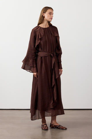 Fırfır Ve Volan Detaylı Şifon Elbise - Kahverengi