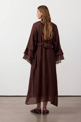Fırfır Ve Volan Detaylı Şifon Elbise - Kahverengi