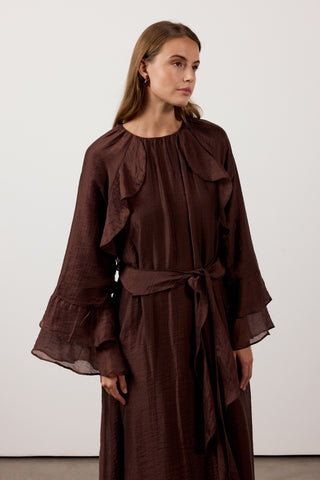 Fırfır Ve Volan Detaylı Şifon Elbise - Kahverengi