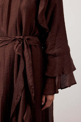 Fırfır Ve Volan Detaylı Şifon Elbise - Kahverengi