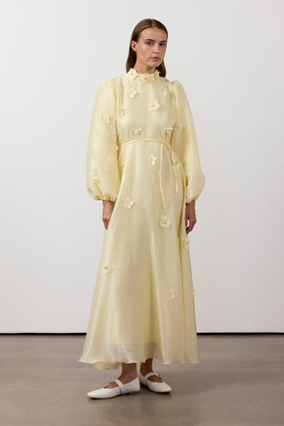 Çiçekli Şifon Abiye Elbise - Sarı