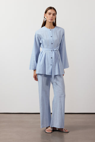 Pens Detaylı İkili Keten Takım - Mavi