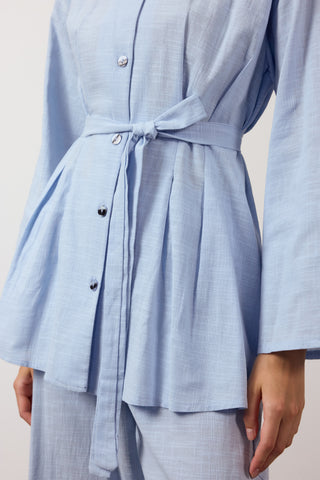 Pens Detaylı İkili Keten Takım - Mavi