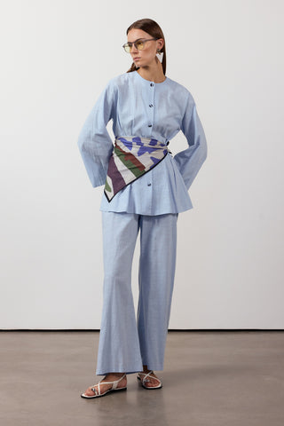 Pens Detaylı İkili Keten Takım - Mavi