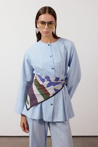 Pens Detaylı İkili Keten Takım - Mavi