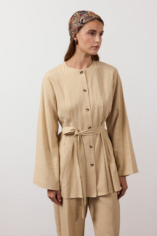Pens Detaylı İkili Keten Takım - Camel - Fushya Online