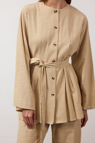 Pens Detaylı İkili Keten Takım - Camel - Fushya Online