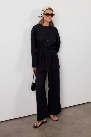 Pens Detaylı İkili Keten Takım - Siyah - Fushya Online