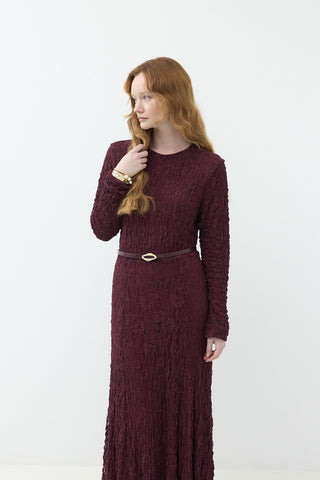 Kemerli Likralı Dantel Elbise Mürdüm