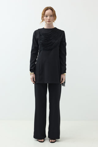 Püskül İp detaylı Pantolonlu Takım Siyah