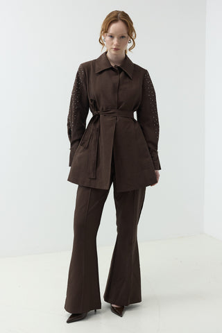 Kolları Taş Detaylı Pantolonlu Takım Kahverengi