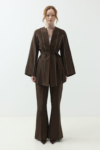 Nervür Taşlı Pantolonlu Takım Kahverengi