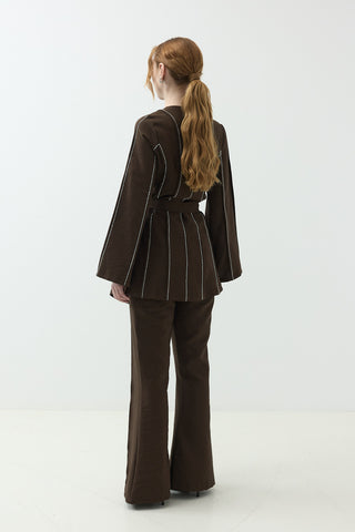 Nervür Taşlı Pantolonlu Takım Kahverengi