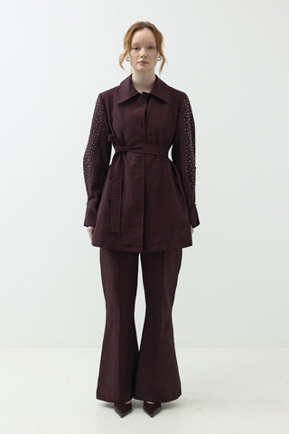 Kolları Taş Detaylı Pantolonlu Takım Mürdüm