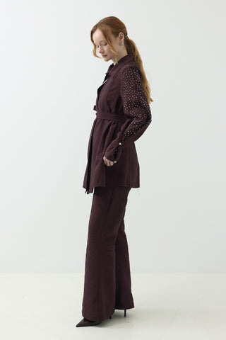 Kolları Taş Detaylı Pantolonlu Takım Mürdüm