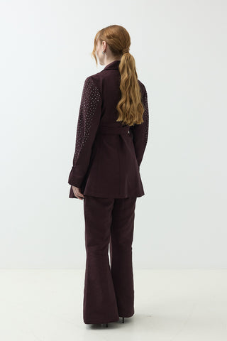 Kolları Taş Detaylı Pantolonlu Takım Mürdüm