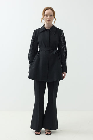 Kolları Taş Detaylı Pantolonlu Takım Siyah