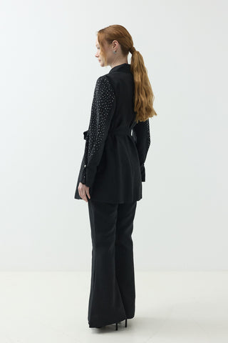 Kolları Taş Detaylı Pantolonlu Takım Siyah