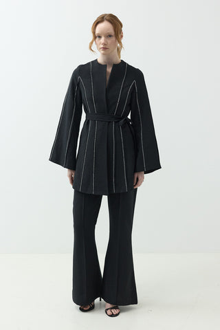 Nervür Taşlı Pantolonlu Takım Siyah
