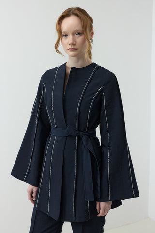 Nervür Taşlı Pantolonlu Takım Lacivert