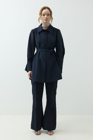 Kolları Taş Detaylı Pantolonlu Takım Lacivert