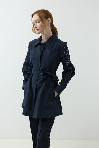 Kolları Taş Detaylı Pantolonlu Takım Lacivert